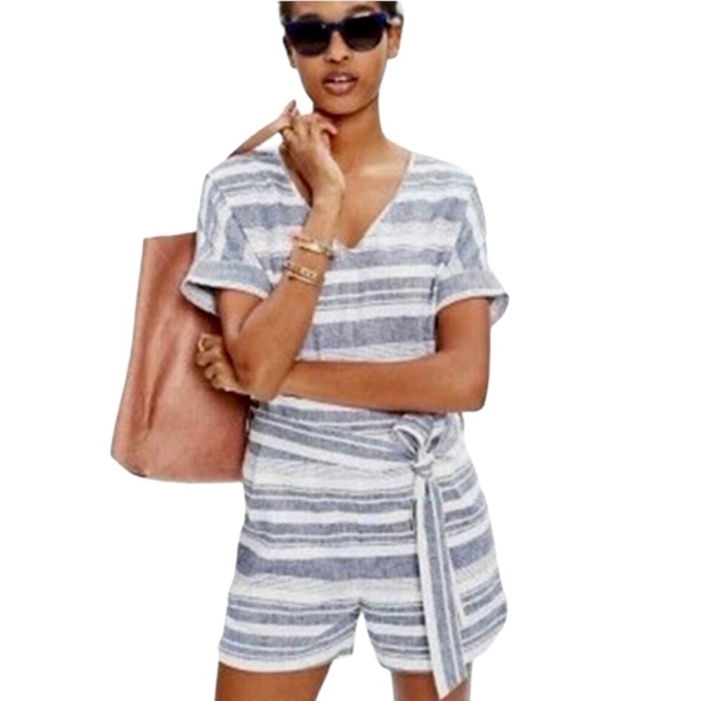 Madewell Perimeter Striped Linen Blend V Neck Casual Romper Women’s Large - Picture 1 of 15